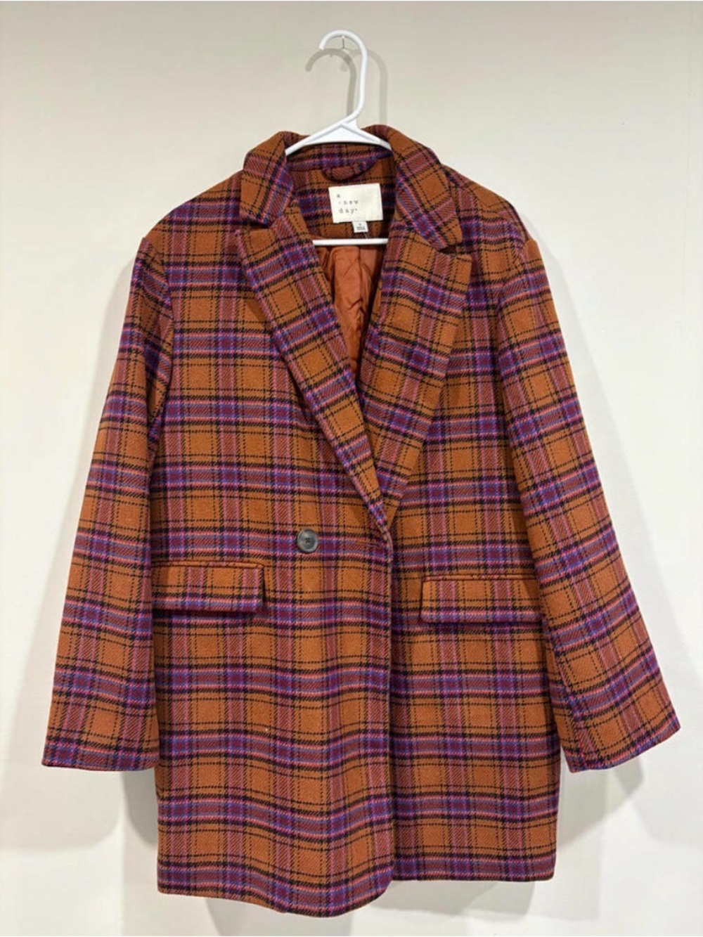 A New Day Rust & Purple Plaid Oversized Longline Blazer Jacket Suit Coat Size S